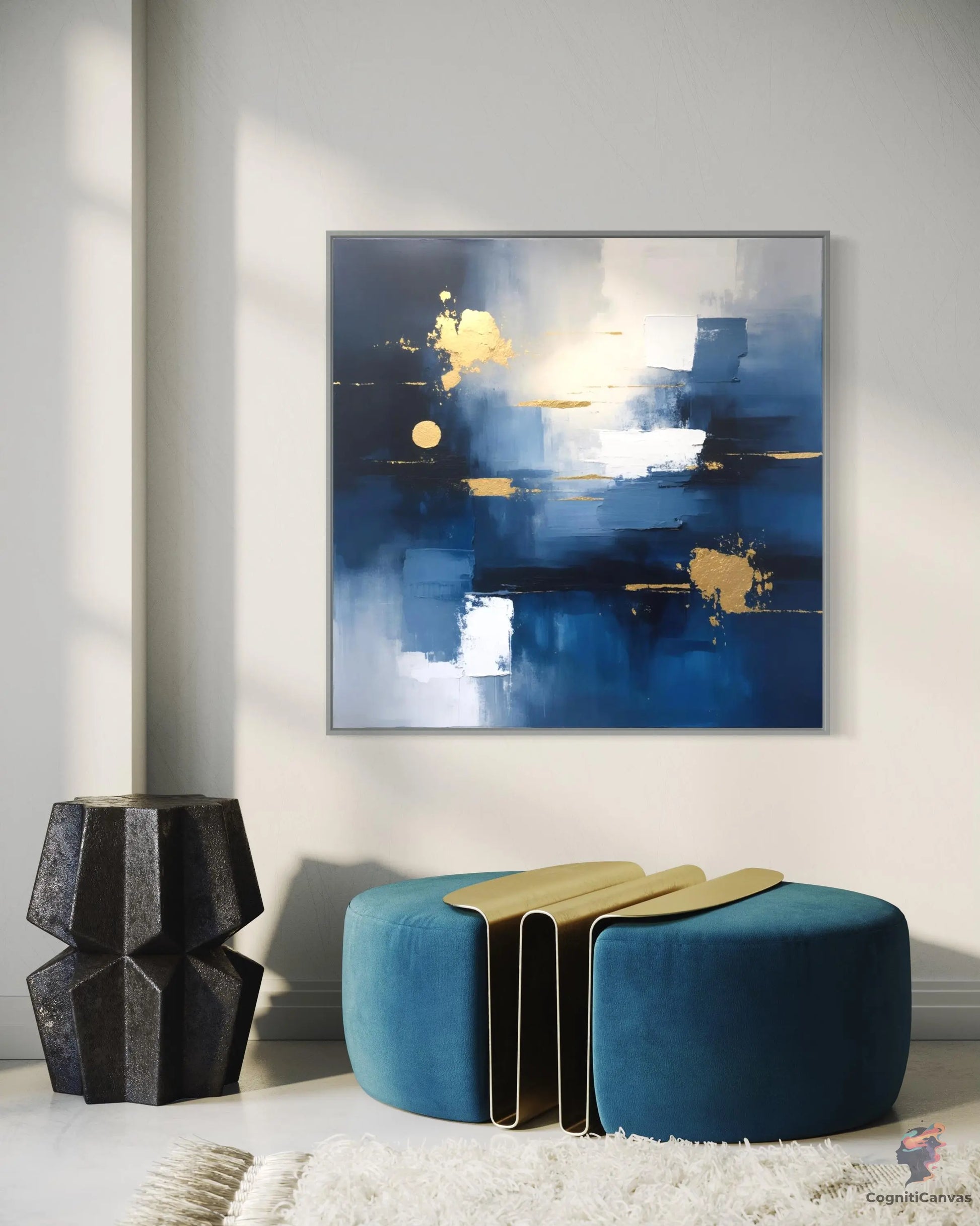 Vibrant Navy Blue & Gold Abstract Art | Modern Digital Wall Art CognitiCanvas