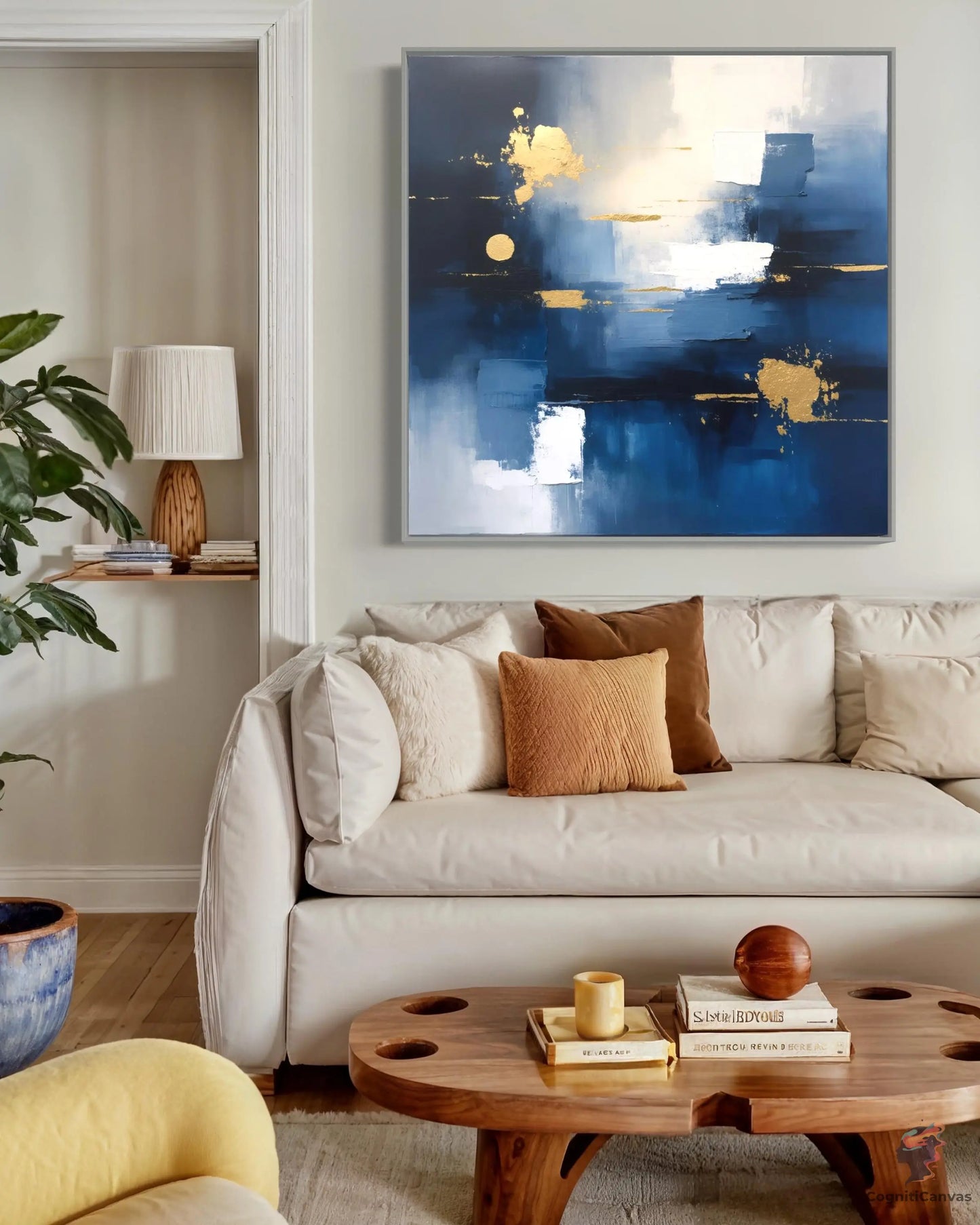 Vibrant Navy Blue & Gold Abstract Art | Modern Digital Wall Art CognitiCanvas