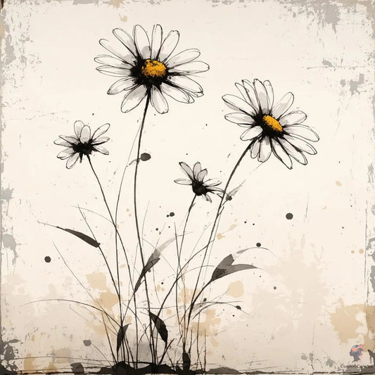 Rustic wildflower sketch art featuring hand-drawn daisies with soft ink splashes, minimalist digital floral wall print.