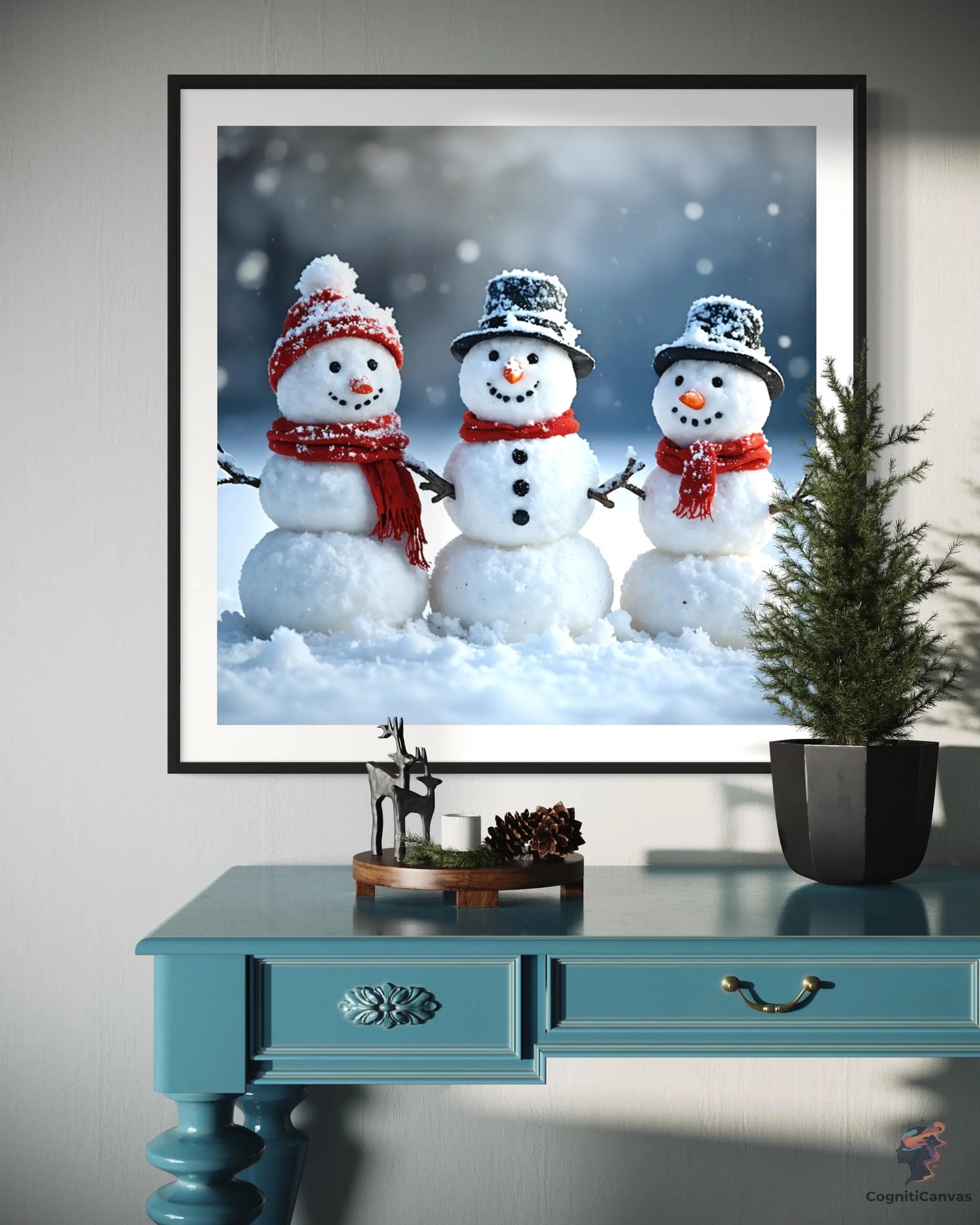 High-resolution AI art of a cheerful snowman in a snowy landscape - perfect for holiday decor