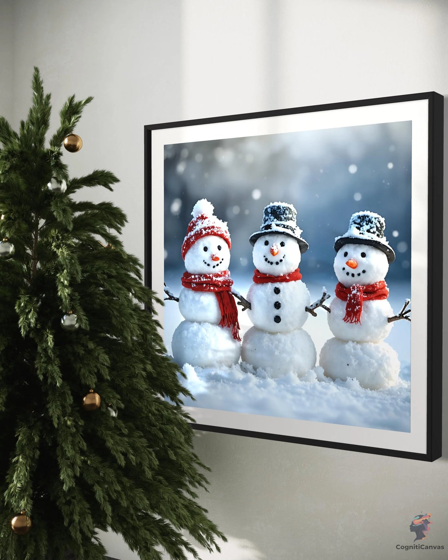 Unique AI-generated digital art featuring a playful snowman - suitable for winter-themed interiors